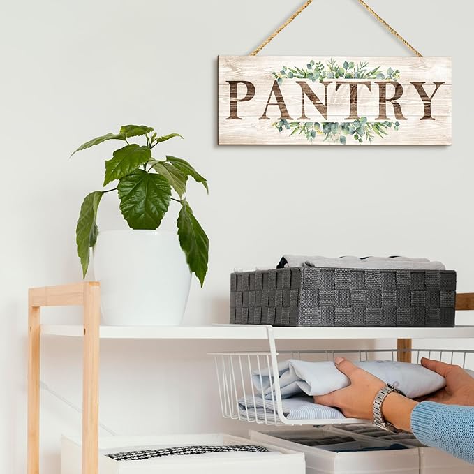Pantry Sign Wall Decor, Pantry Wall Art with Plant Print, Rustic Farmhouse Wall Hanging Plaque Home Kitchen Decorative Pantry, 4.7 x 13.7 inches