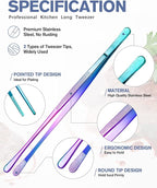 4 Pcs Fine Long Tweezer Tongs Professional Rainbow, 12'' and 10'' Stainless Steel for Kitchen, Food, Cooking, Repairing, Sea food and BBQ