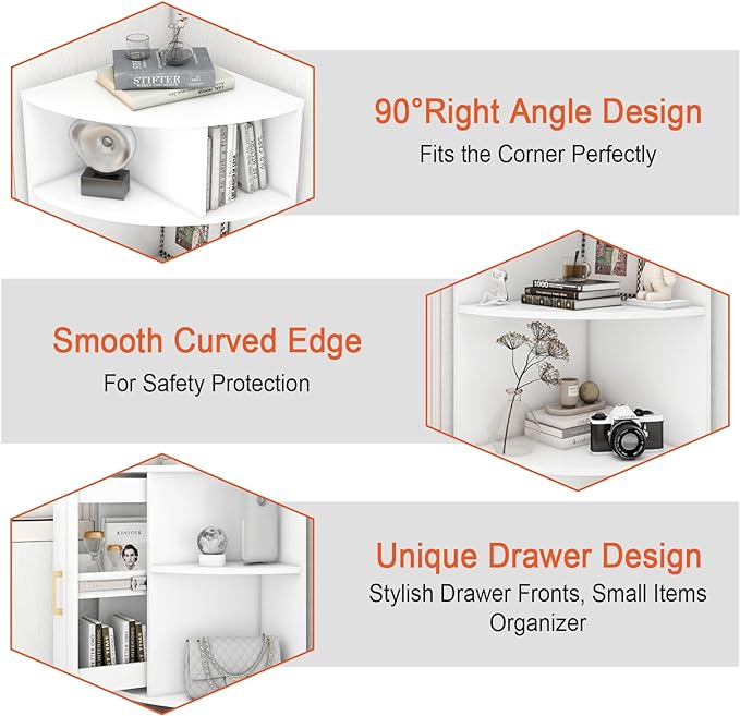 Corner Shelf 6-Tier Corner Bookcase with Drawer, Tall Corner Bookshelf Freestanding White Corner Cabinet Corner Shelves Stand for Wall Corner, Living Room, Home Office, Bedroom, Display Shelf