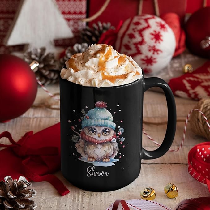 Winter Owl Design Coffee Mug - Custom Christmas Animal Black Cup, Personalized Name Themed 11oz 15oz Ceramic Cup for Owl Lovers, Xmas Decorative Gift