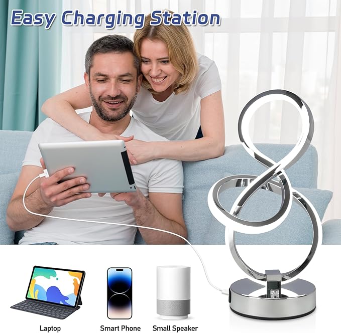 Modern Table Lamp, LED Bedside lamp with USB C+A Ports, Touch Stepless Dimmable Nightstand lamp, Unique Spiral Table lamp for Bedroom Living Room Home Office, LED Spiral lamp, Silver