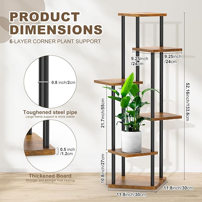 6 Tier Wood Tall Plant Stand Metal Rack Indoor, Multiple Flower Pot Holder Shelves Corner Rack, Planter Shelf Display Rack Storage Organizer for Patio Living Room Balcony Garden(Black)