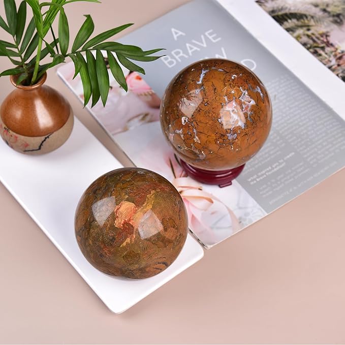 JIC Gem Large Crystal Ball Sphere Yellow Agate Healing Crystal Gemstone Ball with Display Stand Home Decor Meditation Grid Energy Balance (90-100mm)