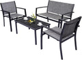 4 Pieces Patio Furniture Set Outdoor Garden Patio Conversation Sets Poolside Lawn Chairs with Tempered Glass Coffee Table Loveseat Porch Furniture Textilene Fabric Grey