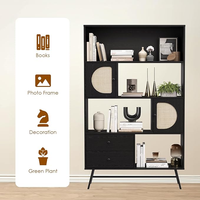 Soohow 4 Shelf Bookcase and Bookshelves with Drawer, 65” Tall Bookcases with Storage Shelves, Bookshelves and Bookcases with Rattan Cabinet and Metal Legs for Home Office, Living Room and Bedroom.