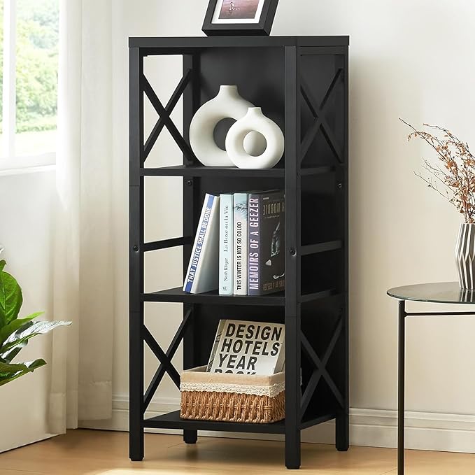 Bookcase, Industrial Small Bookshelf,4-Tier Narrow Bookcase Storage Organizer, Small Book Shelf for Small Spaces, Living Room, Bedroom and Home Office, Black