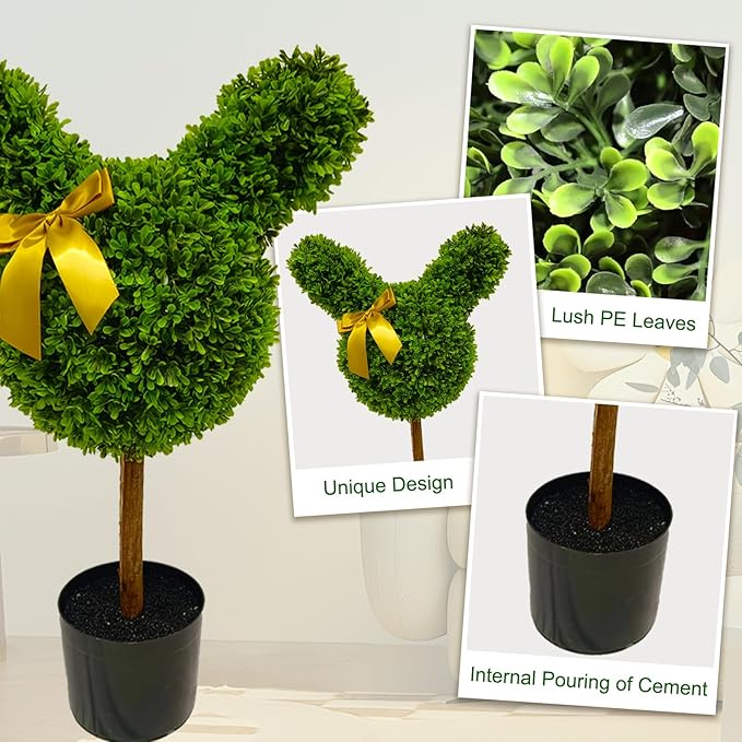 2 Pcs Artificial Bunny Shaped Topiary Trees, Artificial Green Boxwood Bunny Decorations with Gold Bow, Perfect for Indoor & Outdoor Front Porch, Easter& Garden Decor (Bunny Shaped Topiary Tree)