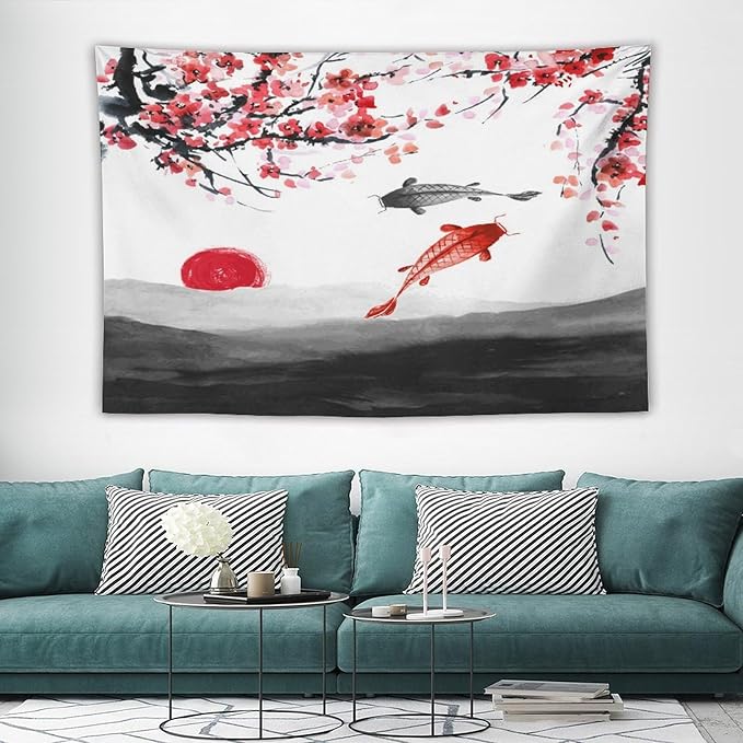 Houselerax Japanese Koi Fish Tapestries, Cherry Blossoms Asian Oriental Flower Branch Koi Fish Carp Tapestry Wall Hanging for Bedroom Living Room Office Decor 60"x40"