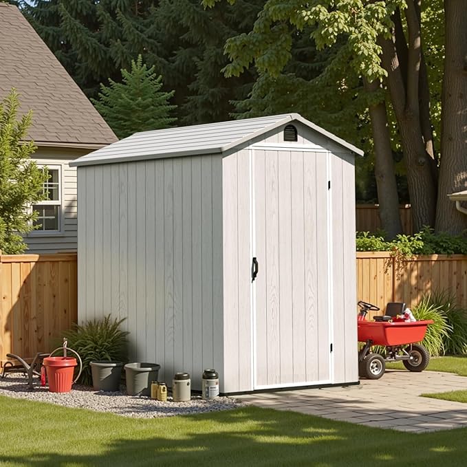 Patiowell 4 x 6 Resin Storage Shed, Outdoor Plastic Garden Shed with Lockable Door & Window, Easy Assembly Tool Shed for Backyard, Light Gray