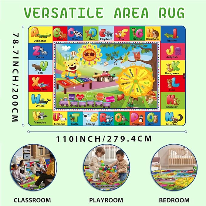 ABC Rug, ABC Play Mat for Kids Playroom, Alphabet Floor Mat,Classroom Elementary Preschool Rugs wtih ABC, Numbers, Animals - (110X78.7 Inches)