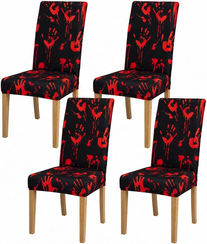 Halloween Chair Covers, Spooky Dining Chair Slipcovers, Stretch Fit | 4 Pack, Halloween Decor, Spooky Chair Covers, Stretch Fit, Washable, Dining Chair Slipcovers, Holiday Furniture Cover