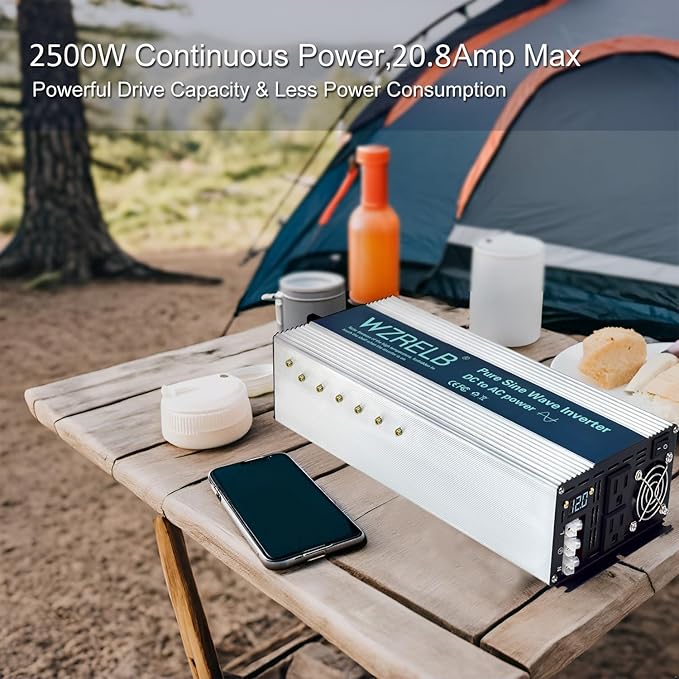 WZRELB 2500W Pure Sine Wave Inverter, Car Power Inverter 48V DC to 110V 120V AC Converter for RV, Truck, Solar, Outdoor with Dual AC Outlets, Hardwire Port, Surge 5000W, LED Display,Off-Grid