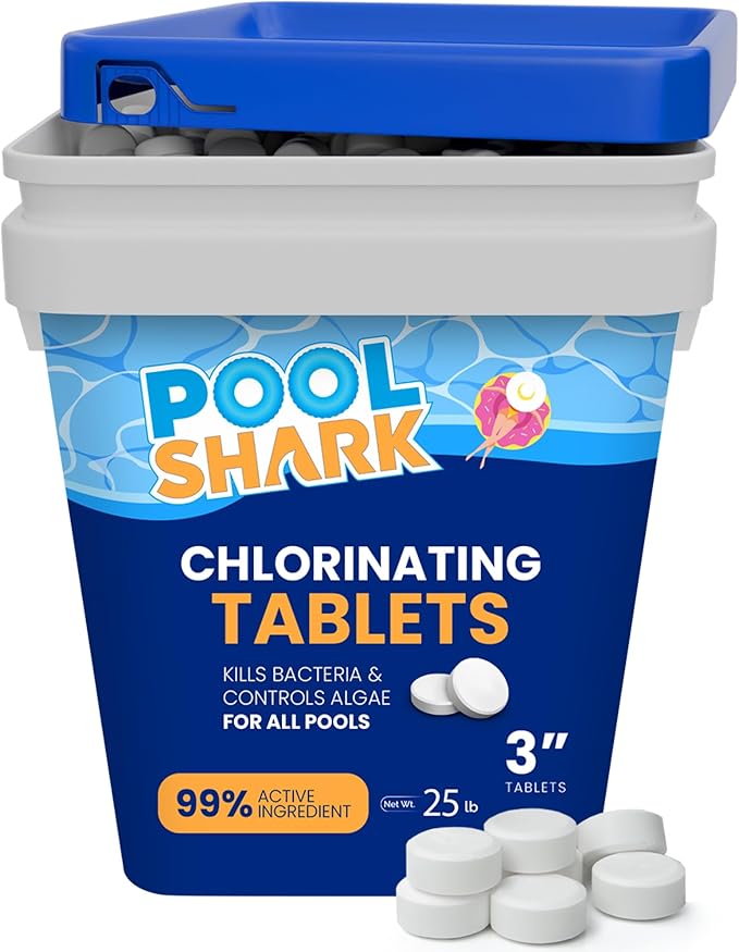 Pool Shark Swimming Pool Chlorine Tablets - 3-Inch Chlorine Tablets - Slow-Dissolving 90% Active Chlorine Tabs - Pool Chemicals for Inground Pools, Above Ground Pools, Saltwater, Spa, Hot Tub (25 lbs)