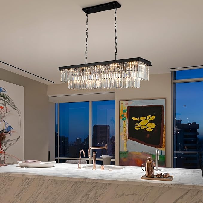 Crystal Chandeliers for Dining Room Light Fixtures Over Table，15-Lights Black Modern Rectangle Chandeliers for Kitchen Island Bar L40 Inch