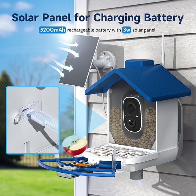 Bird Feeder with Camera Bird Feeders for Outdoors with Solar Panel, AI Identification, Ideal Gift for Lovers Friends and Parents, Navy Blue