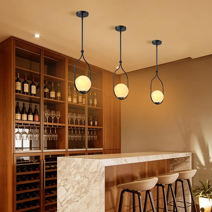 Globe Pendant Light, Modern Bubble Chandelier and Hand Blown Glass Chandelier with Black Finish Adjustable Rods for Kitchen Island Dinning Room Bedroom Living Room Home Owners