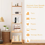 HYNAWIN Ladder Shelf Bookcase,5-Tier Bamboo Storage Rack Shelves Wall Leaning Shelf Unit,FreeStanding Plant Stand, Corner Display Shelves for Living Room, Bathroom, Kitchen, Office(65in)