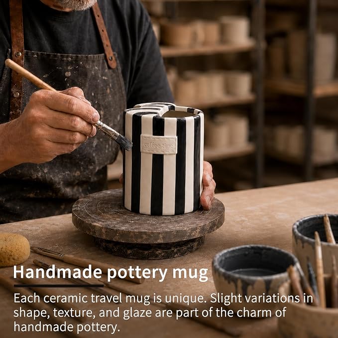 Ceramic Coffee Mug with Half Lid, 12oz To Go Coffee Mug, Handcrafted Striped Glazed Ceramic Coffee Mug with Dual Sip Lid for Hot and Cold Drinks, Black