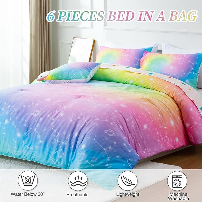 Btargot 6 Piece Tie Dye Constellation Comforter Set Bed in A Bag, Galaxy Rainbow Stars Pattern Bedding Set for Boys Girls Teen, Queen Multi