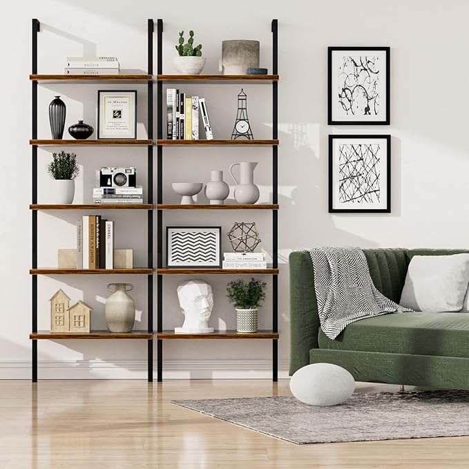 NUMENN 5 Tier Book Shelf, Industrial Ladder Shelf, Open Space Wall Mount Bookshelf with Metal Frame, Sturdy Book Shelves, Bookcase for Living Room, Home Office Shelf, Vintage Brown