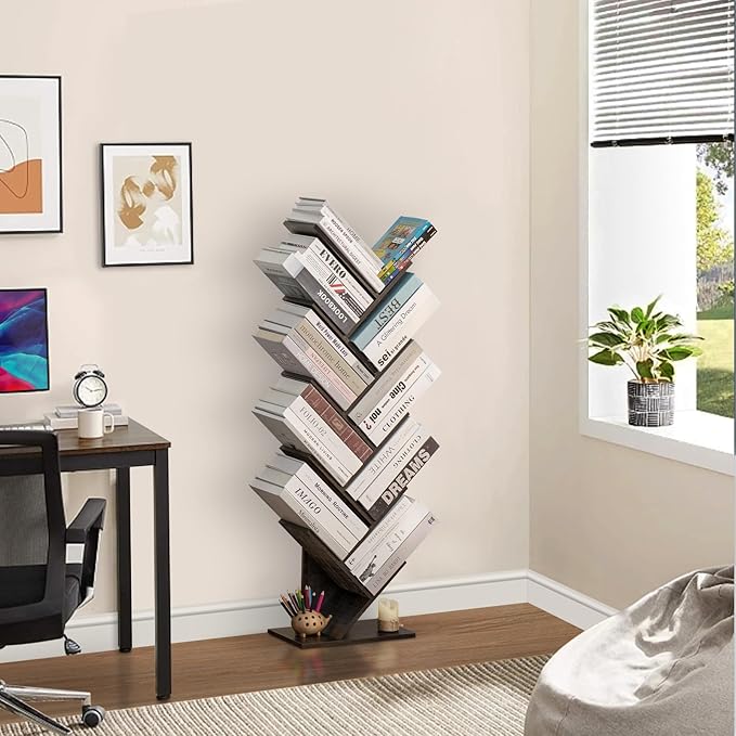 10 Tier Tree Book Shelf, Floor Standing Wood Bookshelf for Narrow Space, Storage Organizer Bookshelves for Books/CDs/Magazine, Bookcase with Shelves for Home Office, Living Room - Dark Grey