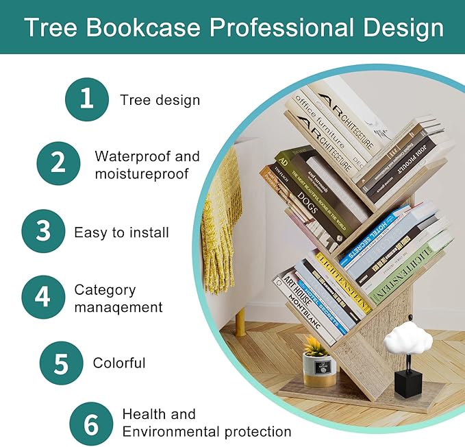 Tree Bookshelf, 5 -Tier Book Storage Organizer Shelves Floor Standing Bookcase, Wood Storage Rack for Office Home School Shelf Display for Cd/Magazine (French Oak Grey)