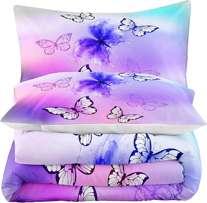 Tailor Shop Butterfly Comforter Set Queen Size,Tie Dye Comforter Set for Girls Kids Teens Butterfly Bedding Room Decor Set,with 2 Pillowcase