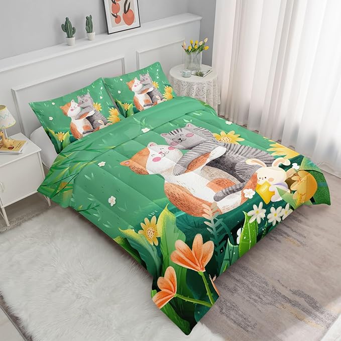 Datura home Cute Cat Kids Comforter Bedding Set for Boys Girls, Watercolor Cat Forest Rabbit and Flower Print Comforter with 2 Pillowcases(Cute Cat Full)
