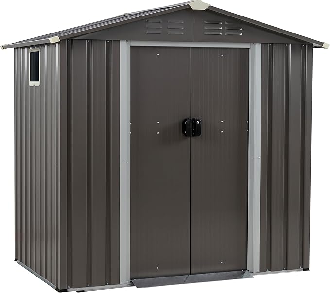 JYQAQA 6x4 FT Outdoor Garden Storage Shed,Waterproof Metal Garden Sheds with Lockable Double Door,Weather Resistant Steel Tool Storage House Shed forPatio,Lawn Gray