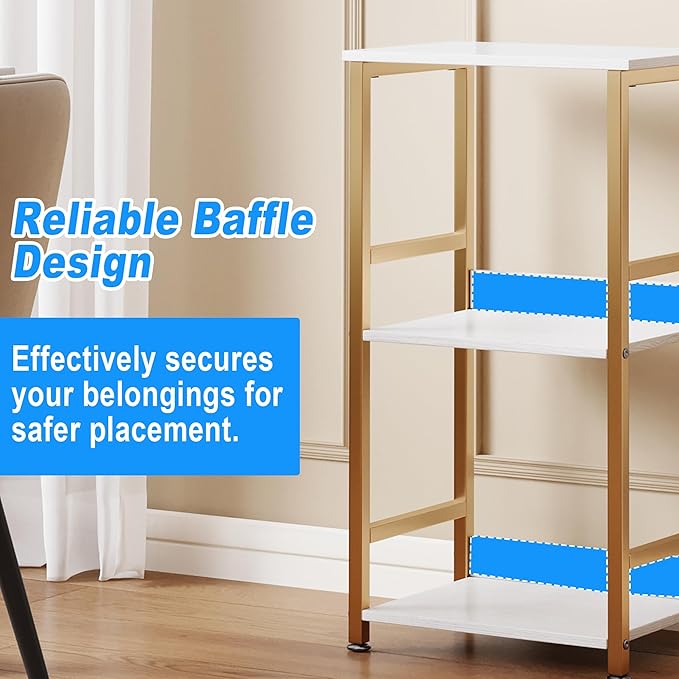 Small Bookshelf for Small Spaces, 3 Tier White and Gold Bookcase Night Stand, Narrow Gold Bedside Book Shelf, Short Bookshelf Storage Organizer for Bedroom, Living Room, Home, Office, White&Gold