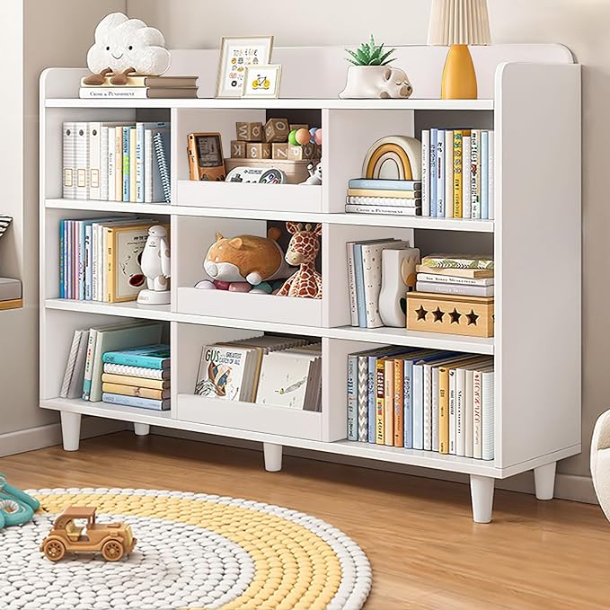 Wooden Cube Bookcase with Legs - 3-Tier Open Shelf Kidsroom Sorted Storage Cabinet Organizer for Books and Toys, 9-Cube Lattice Cute Cubby Bookshelf in Pearl White, 55" W