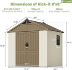 Patiowell 8 x 6 FT Plastic Outdoor Storage Shed with Floor, Resin Shed with Window and Lockable Door for Garden, Backyard, Tool Storage Use, Easy to Install in Brown (Kick-it Shed)