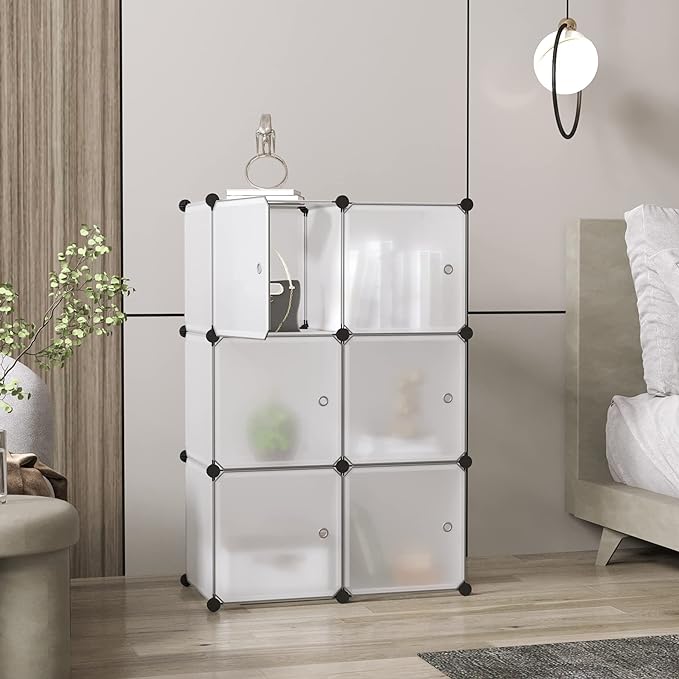 C&AHOME Cube Storage Organizer with Doors, 6-Cube Shelves, Closet Cabinet, DIY Plastic Modular Bookshelf Ideal for Bedroom, Living Room, 36.6”L x 12.4”W x 36.6”H White USBTM3006B-DOOR