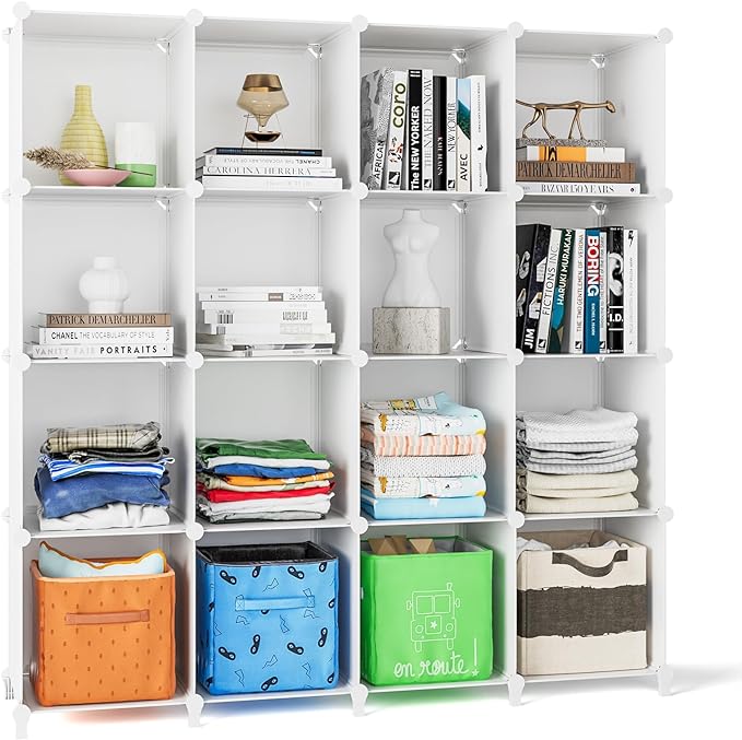 FUNLAX Cube Storage Shelf, 16 Storage Cubes Closet Organizers and Storage Portable Cube Storage Organizer Plastic Bookshelf Bookcase for Study Room, Bedroom, Office, White