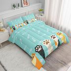 Datura home Cat Paws Comforter Bedding Set for Kids Teens,Cartoon Cat Paws and Fish Bones Pattern Lightweight Cyan Comforter with 2 Pillowcases,3pcs(Cat Paws Queen)