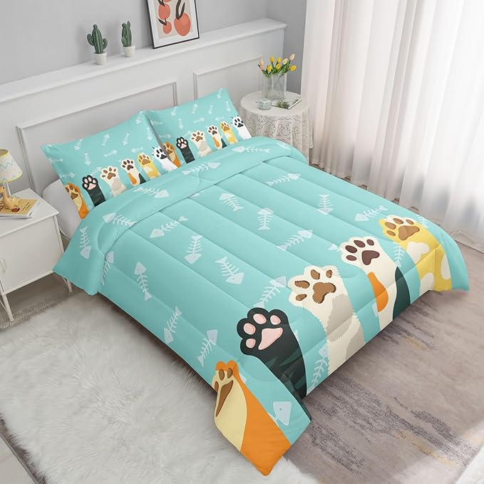 Datura home Cat Paws Comforter Bedding Set for Kids Teens,Cartoon Cat Paws and Fish Bones Pattern Lightweight Cyan Comforter with 2 Pillowcases,3pcs(Cat Paws Twin)