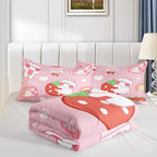 Strawberry Rabbit Comforter Set for Kids Teens Girls Women,Pink Bunny Kids Comforter,1 Comforter with 2 Pillowcase, Microfiber 3 Piece Bedding Set,for All Seasons(Pink，Full Size)