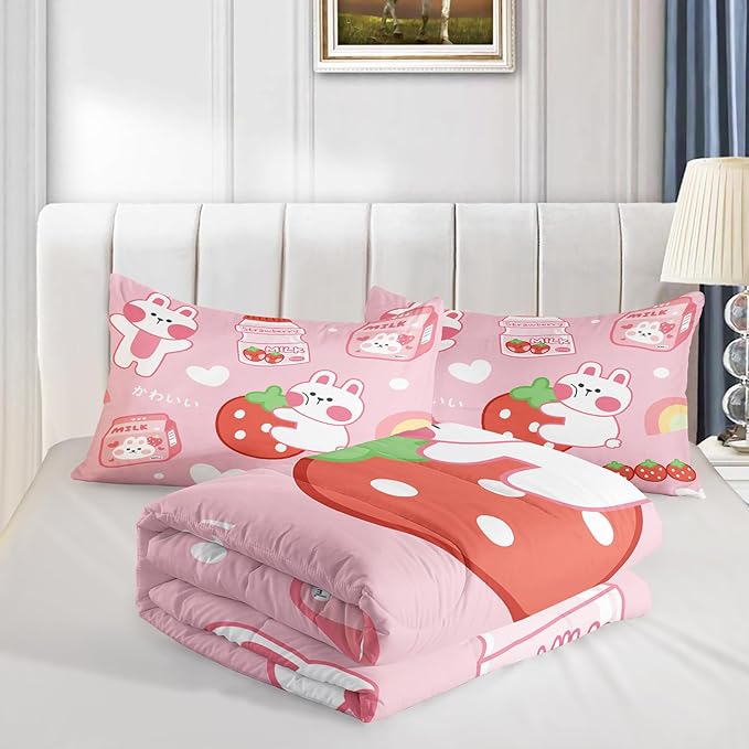 Strawberry Rabbit Comforter Set for Kids Teens Girls Women,Pink Bunny Kids Comforter,1 Comforter with 2 Pillowcase, Microfiber 3 Piece Bedding Set,for All Seasons(Pink，King Size)