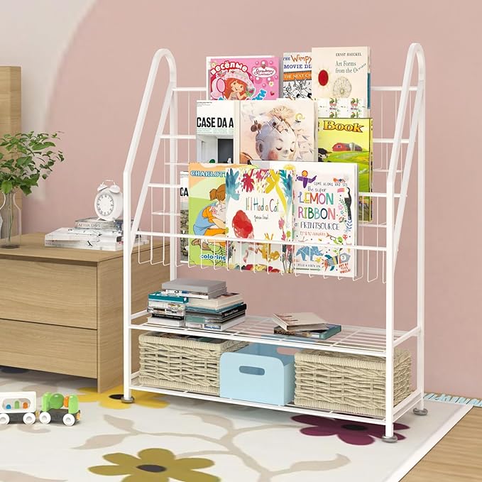 Kids Bookshelf Freestanding for Children Room 32 Inches White Metal Bookcase Large Capacity Books Toys Organizer Stable 5 Tiers Kids Book Rack for Playroom Bookstore Library.