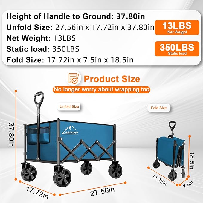 Collapsible Folding Wagon Cart, 350LBS Utility Large Capacity Cart Foldable Wagon with All Terrain Wheels, Grocery Wagons Carts for Garden Shopping Sports Camping, Blue