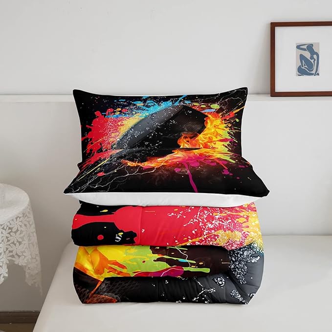 Erosebridal Hockey Bedding Set for Teen Boys Kids Winter Sports Full Comforter Set Grunge Hippie Tie Dye Ball Bed Comforter Sets Red Blue Fire and Water Lightning Quilt Duvet Insert 2 Pillow Cases