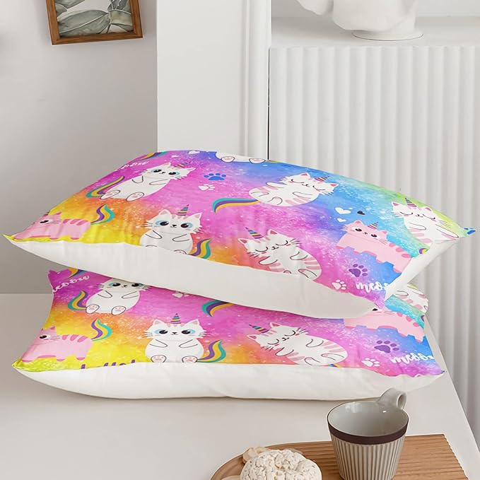 Axolotl Cat Bedding Twin Cartoon Cat Comforter Set,Rainbow Printed Kids Bedding Set for Girls Kids Adults Teens,Kids Comforter Set All Season,1 Quilt 2 Pillow Cases,Colorful Pink Blue