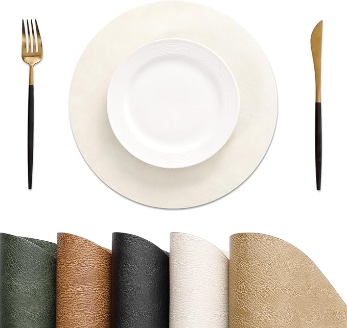 MOSAYT 13 Inch Round Vinyl Placemats Set of 4 - Faux Leather 100% Waterproof Oil-Proof Wipeable PU Place Mats, Heat Resistant Reversible Table Mats for Kitchen, Dining, Outdoor, Beige