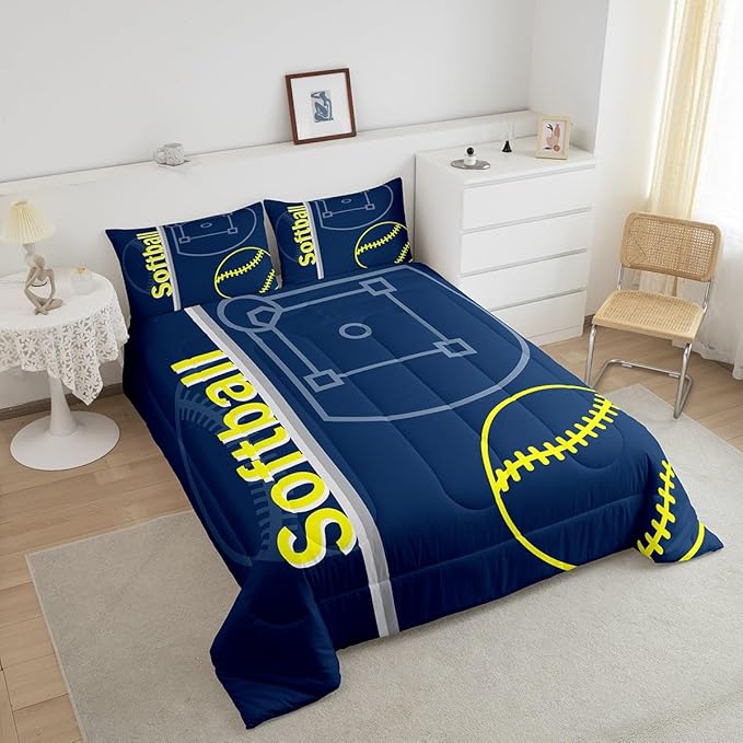 Feelyou Kids Softball Comforter Set Full Size Sports Game Bedding Set for Boys Girls Teens Bedroom Decor Baseball Comforter Women Men Softball Gaming Duvet Set with 2 Pillow Case