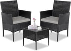 Patio Furniture Set 3 Pieces All-Weather Rattan Outdoor Furniture Patio Chairs with Tempered Glass Table for Porch Bistro Balcony Bistro Set(Black/Grey-2)
