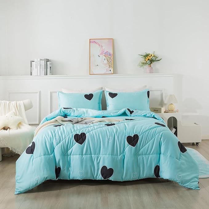 Love Pattern Girls Comforter Set Full Size, Sky Blue Cute Love Heart Print Comforter Bedding Set for All Seasons, Geometric Soft Microfiber 3 Pieces Comforter Set with Pillowcases