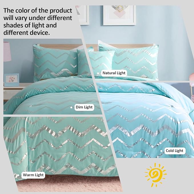 Aqua Comforter Set King Size, Metallic Teal and Silver Bedding Set, 4 Piece Lightweight Microfiber Comforter for Teen Girls Women (2 Pillow Shams + 1 Decorative Pillow Sham)