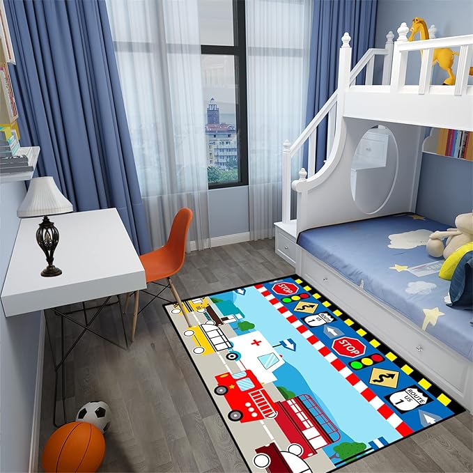 Cartoon Ambulance Car Area Rug Car Carpet for Kids Play Rug for Cars and Trucks Car Rug Play Mat Car Track Rug Truck Rugs for Boys Room Rugs for Boys Bedroom,Light Blue 3'×5'