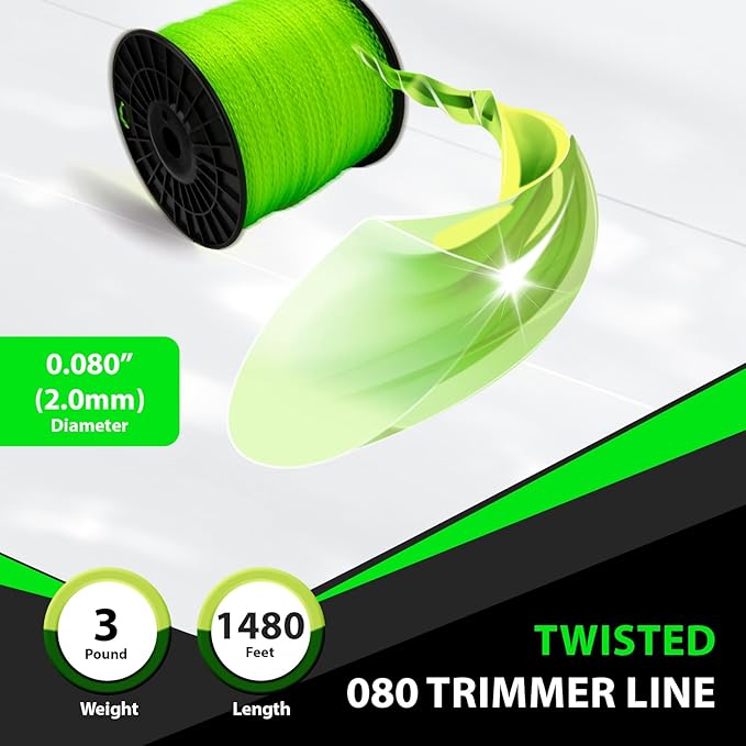 080 Trimmer Line Heavy Duty, Twisted Weed Eater String .080, 080 String Trimmer Line 0.08In-1480Ft-3Lb Twisted Weed Wacker String .080 Compatible with Ryobi, Ego, Greenworks String Trimmers and more