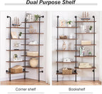 HOMBAZAAR Bookshelf,10-Tier L Shaped, Industrial Double Wide Wall Mount, Modern Bookcase with Metal Frame and Wood, Industrial Corner Pipe Shelf for Living Room and Office, Brown